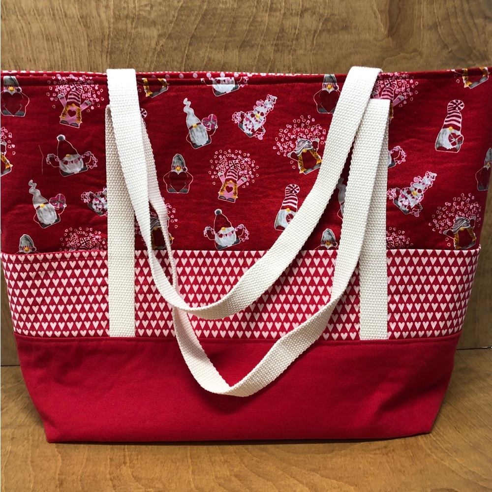 LG Red Hearts Gnome Tote Bag Pockets Handmade Cotton Canvas Reusable Love Gift
